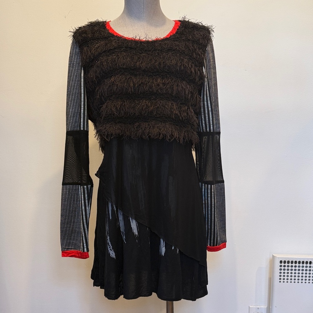 Tetra Nostra Black Tunic Dress, Sheer Mesh & Textured Top, Size L